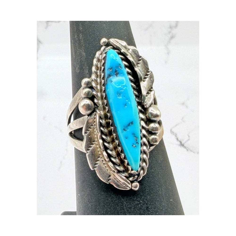 JR Signed Turquoise Color Glass Cabochon Statement Ring Silver Tone Size 6.5